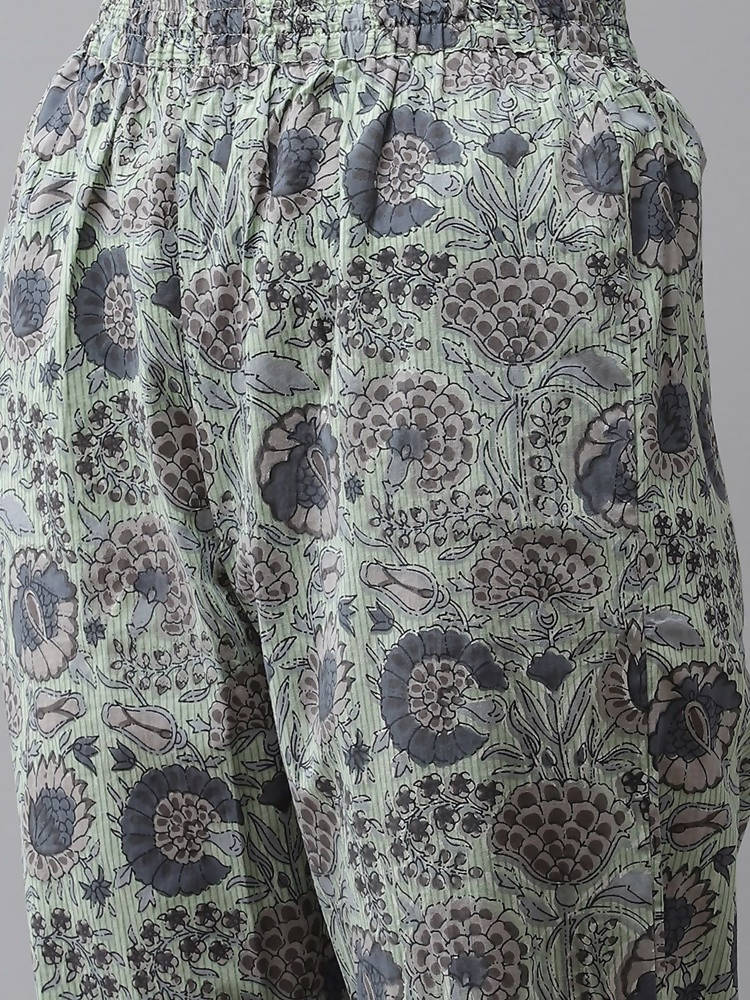 Yufta Green and off-white yoke design Kurta with Palazzo with Dupatta Set | Grocsy