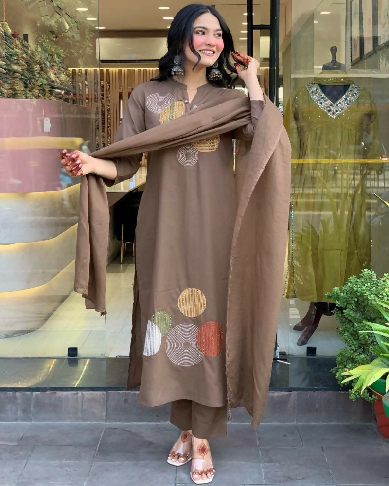Teeya Creation Women Brown Geometric Embroidered Straight Kurta with Pants and Dupatta Set | Grocsy