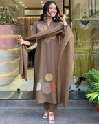 Teeya Creation Women Brown Geometric Embroidered Straight Kurta with Pants and Dupatta Set | Grocsy