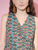 Myshka Women's Green Floral Printed A-Line Dress | Grocsy