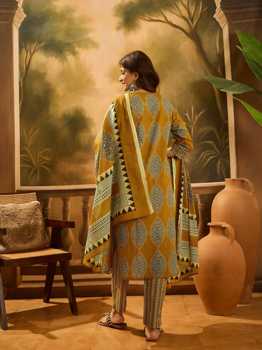 Joban Fashion Printed Mustard Pure Cotton Kurta Set | Grocsy