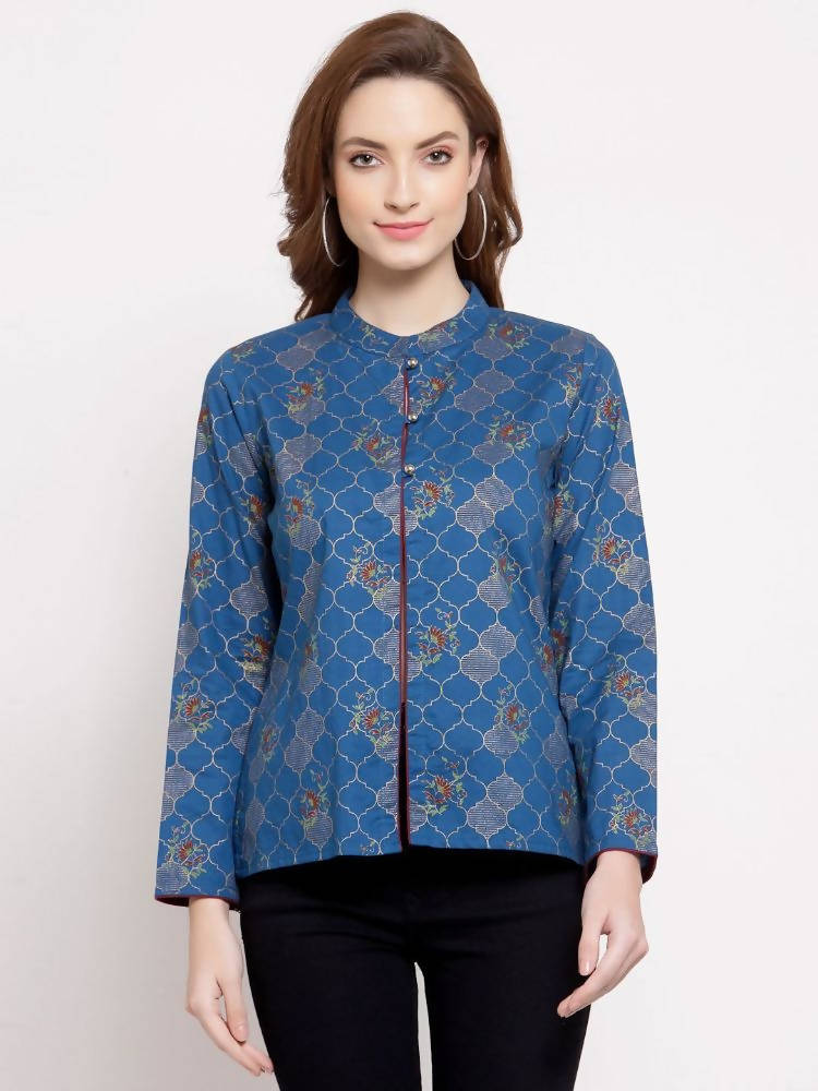 Myshka Women's Blue Cotton Full Sleeve Mandarin Collar Printed Casual Jacket | Grocsy