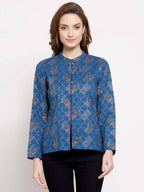 Myshka Women's Blue Cotton Full Sleeve Mandarin Collar Printed Casual Jacket | Grocsy