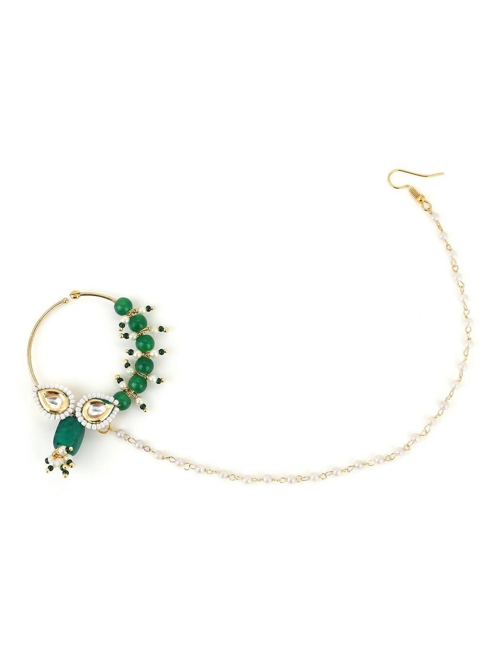 Gold-Polished White Green Kundan Studded Beaded Chain Nose Pin - Ruby Raang | Grocsy
