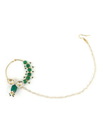 Gold-Polished White Green Kundan Studded Beaded Chain Nose Pin - Ruby Raang | Grocsy