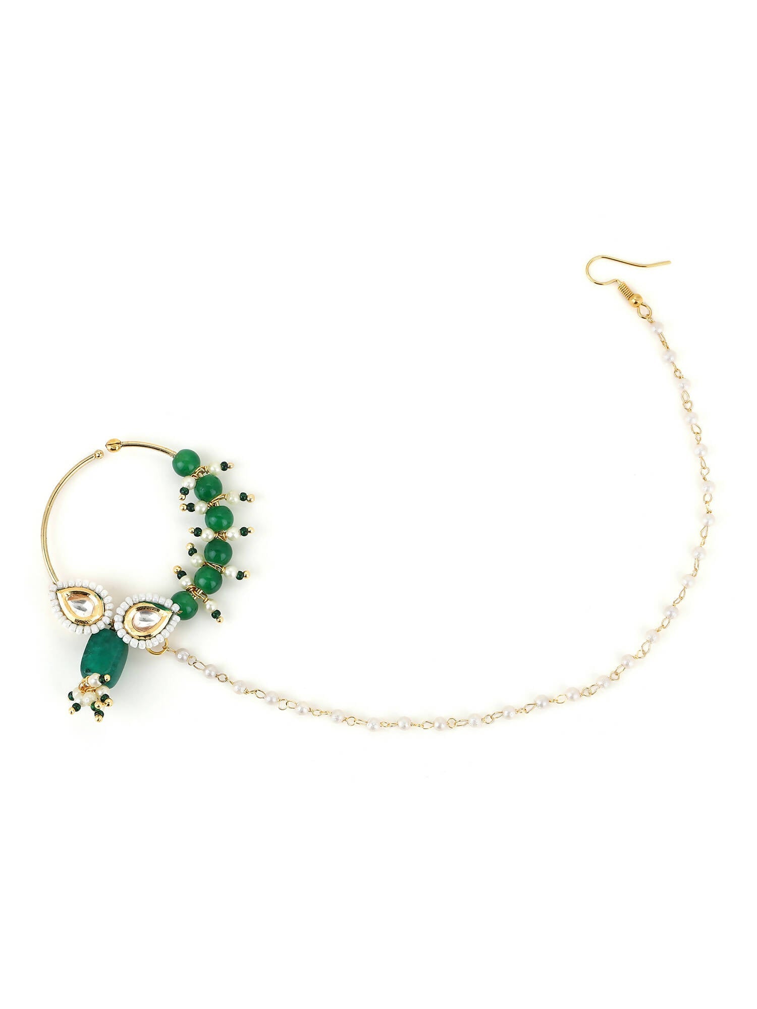 Gold-Polished White Green Kundan Studded Beaded Chain Nose Pin - Ruby Raang | Grocsy