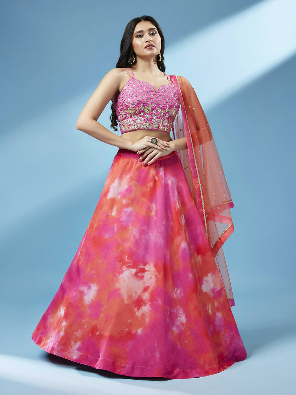 House of Panchhi Orange Organza Shibori Printed Lehenga choli & Dupatta | Grocsy