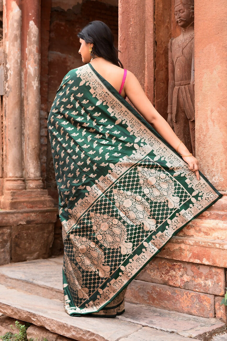Joban Fashion Emerald Green Banarasi Katan Pure Handloom Banarasi Silk Saree | Grocsy