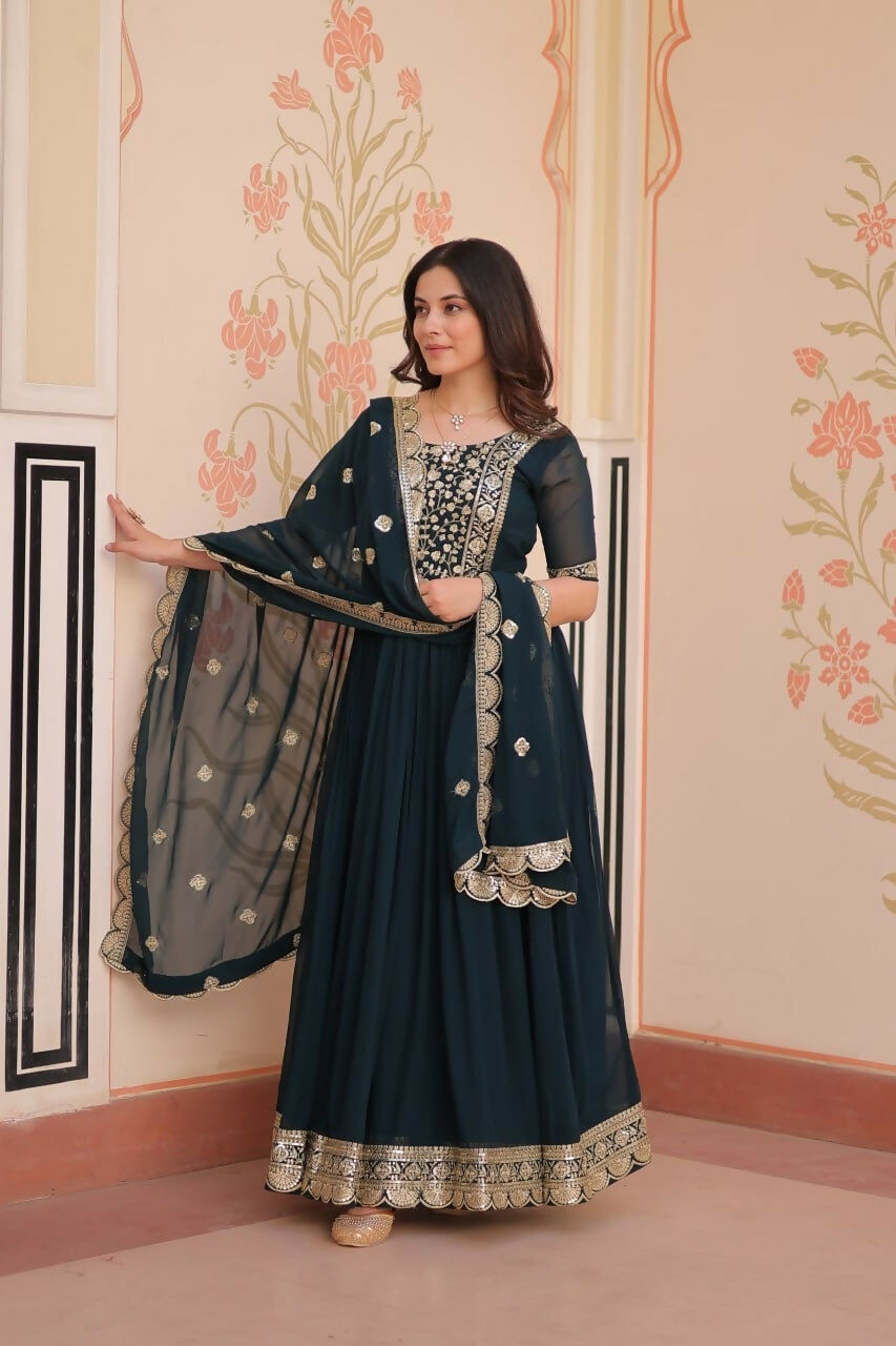 Teeya Creation Rama Color Faux Georgette Embroidery Work Wedding Wear Long Gown | Grocsy