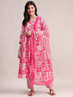 Aavyora Women's Pink Floral Cotton Kurta with Lace Detailing, with Trouser & Dupatta | Grocsy