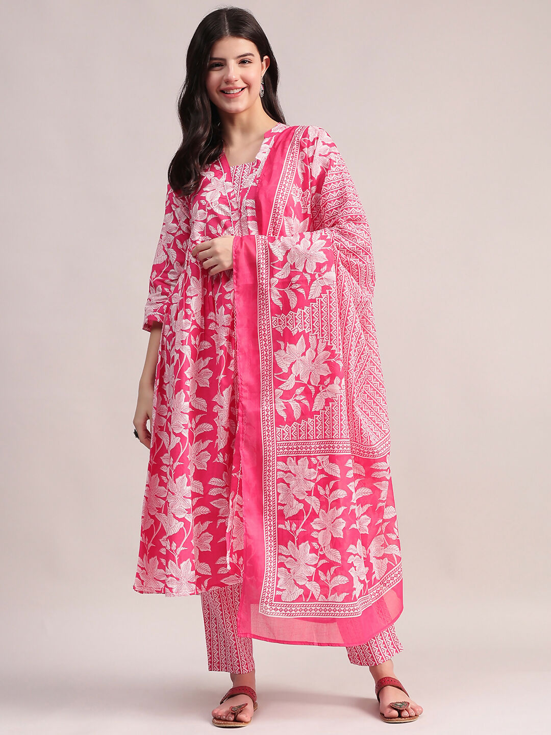 Aavyora Women's Pink Floral Cotton Kurta with Lace Detailing, with Trouser & Dupatta | Grocsy