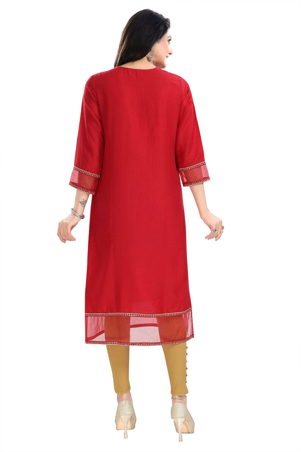 Snehal Creations Mighty Red Art Silk Designer Long Kurti Tunic With Zari Embroidery | Grocsy