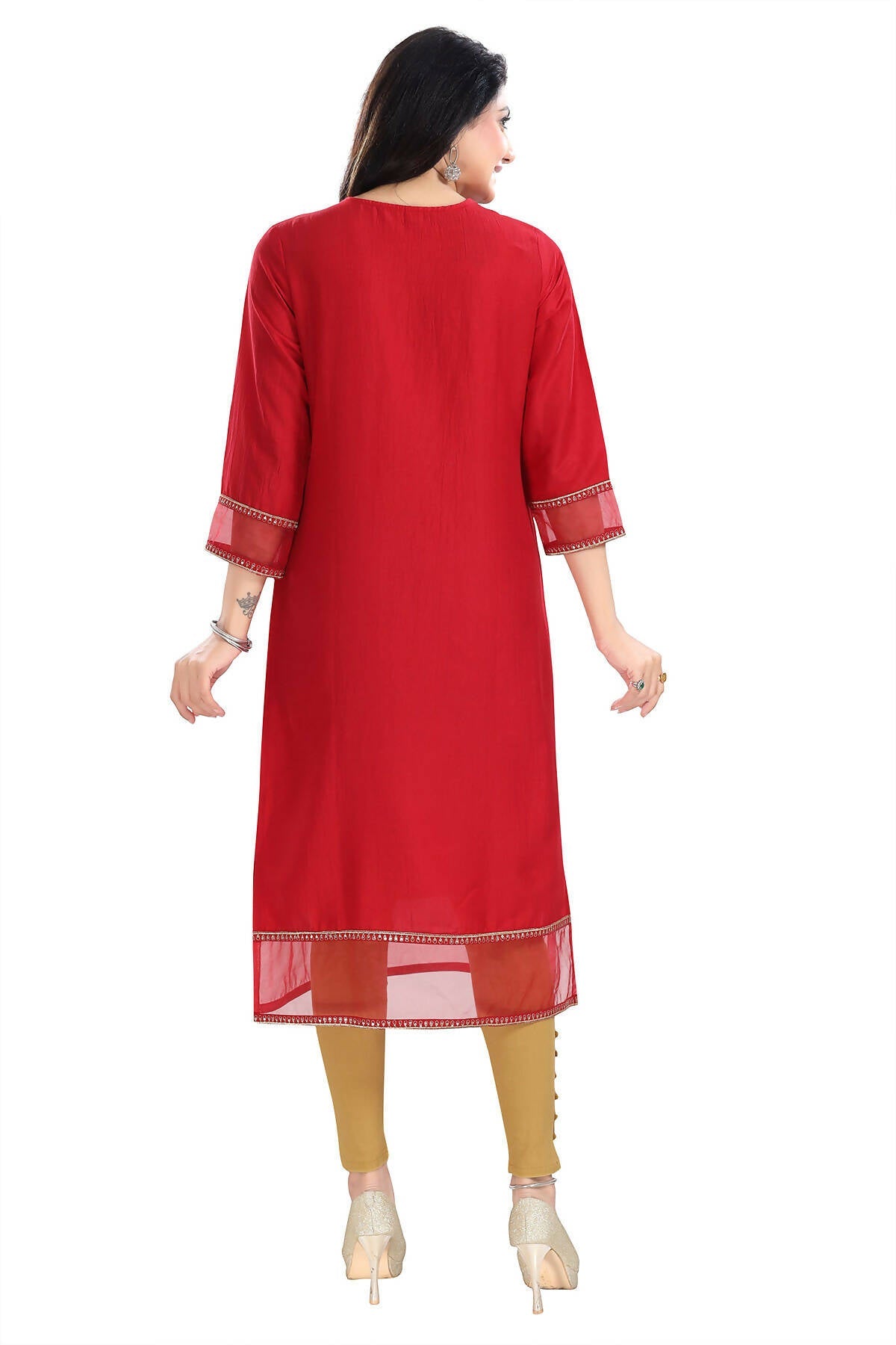 Snehal Creations Mighty Red Art Silk Designer Long Kurti Tunic With Zari Embroidery | Grocsy