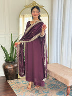 The52 Wine Women's Gorgeous Vichitra Silk Fabric Embroidered Work Flared Anarkali Pant and Dupatta Set | Grocsy