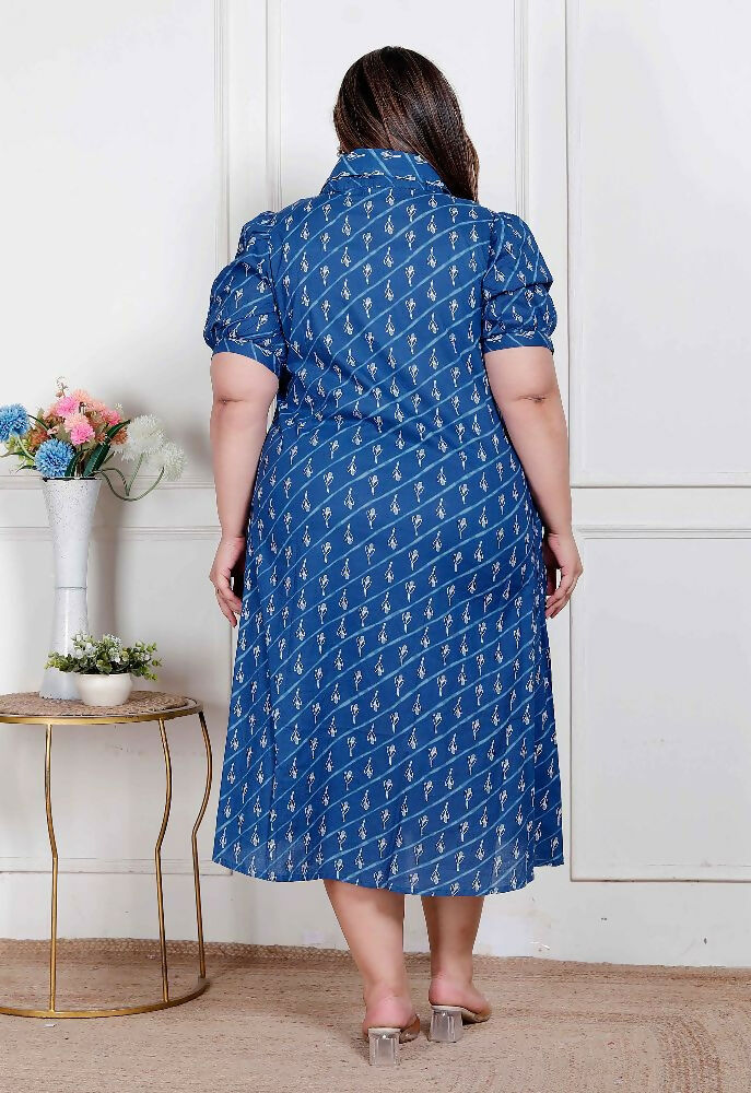 Miravan Plus Size Womens Floral Print Collar-Neck Puff Sleeves A-Line Maxi Dress | Grocsy
