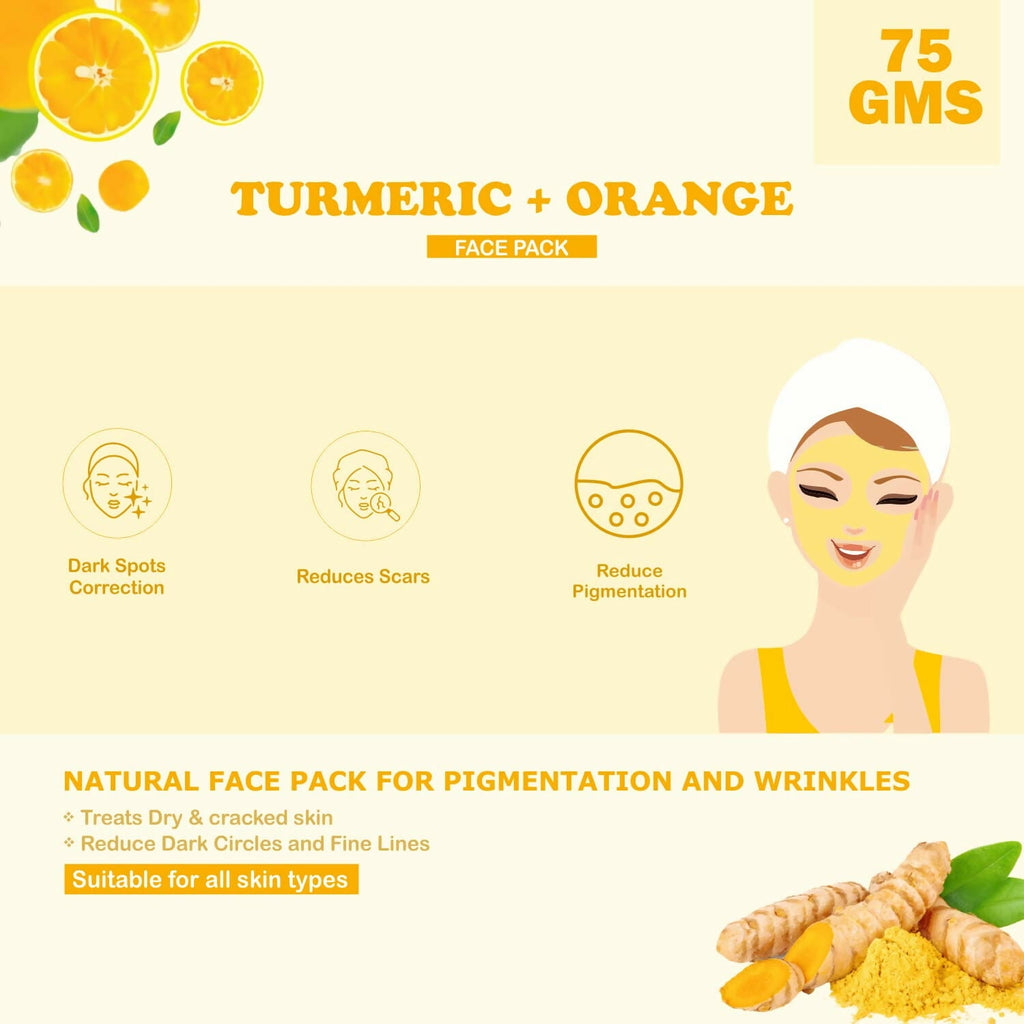 Kimayra Organic Turmeric + Orange Face Pack Powder For Brightening Skin, Help In Pigmentation, Wrinkles, Fine Lines & Scars | Grocsy