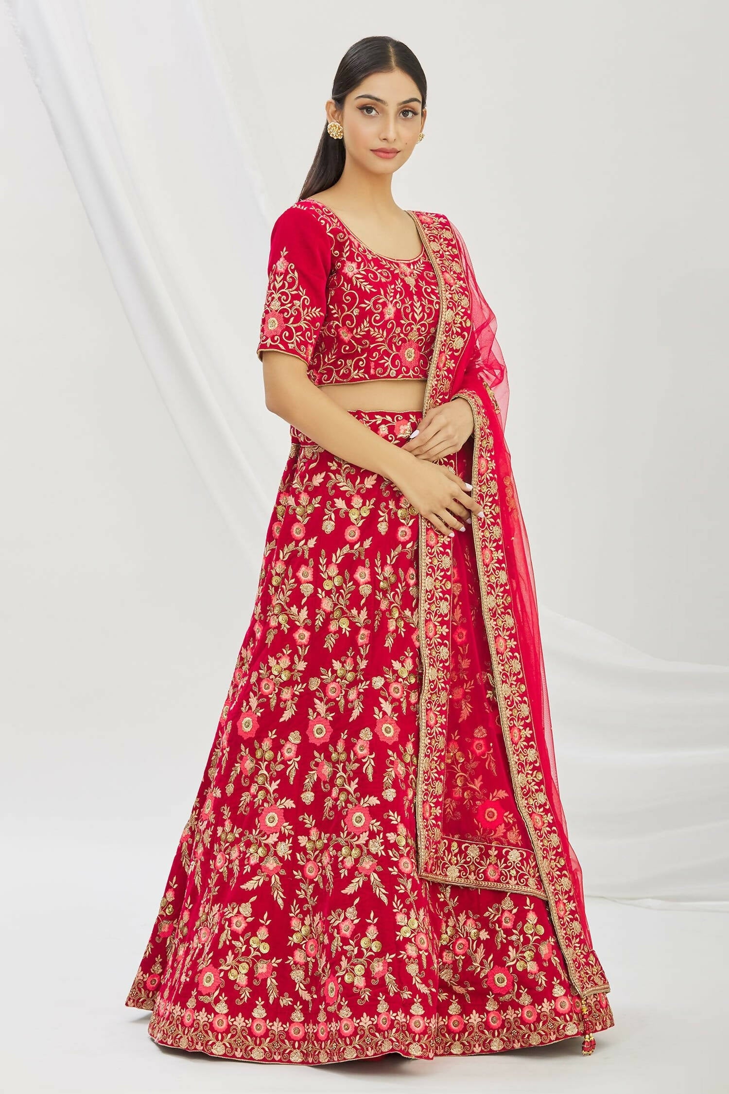 Red Velvet Semi-Stitched Wedding Bridal Lehenga - Nimaya | Grocsy