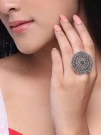 NVR Women Oxidised Silver-Plated Adjustable Finger Ring | Grocsy