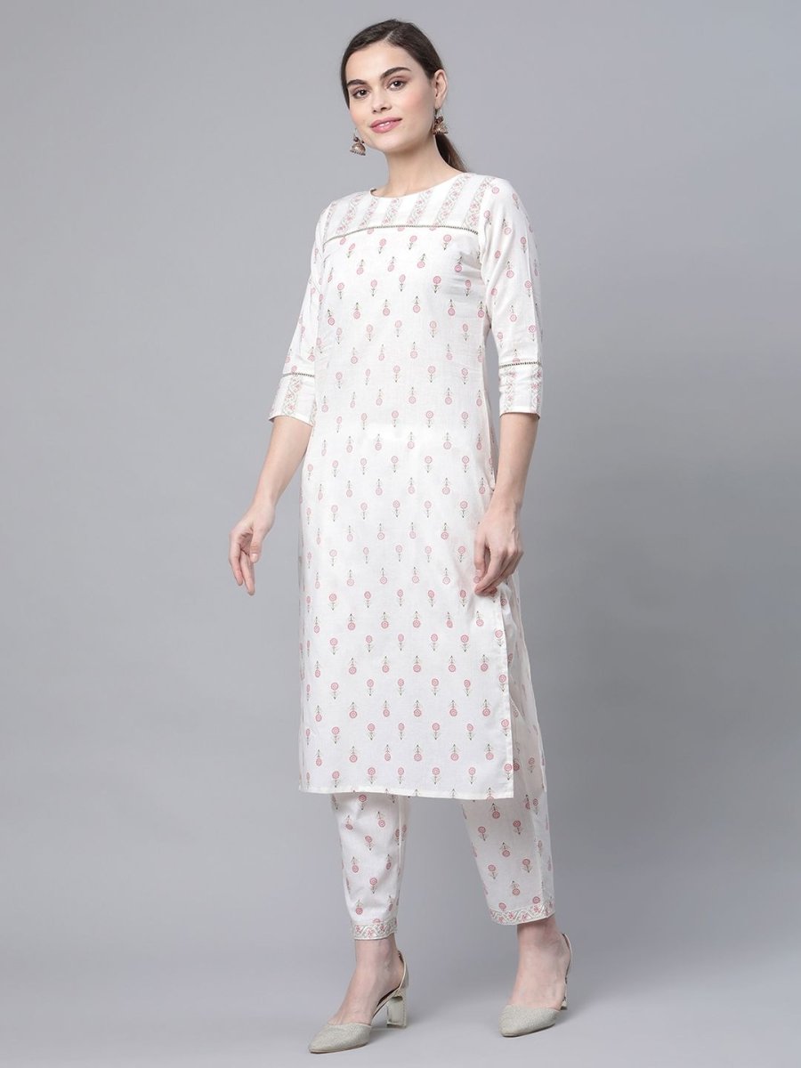 Ahalyaa Women White Pure Cotton Printed Kurta Pant Set | Grocsy