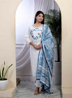 Miravan Women's White Cotton Thread Work Embroidered And Mirror Work Straight Kurta Palazzo With Dupatta Set | Grocsy