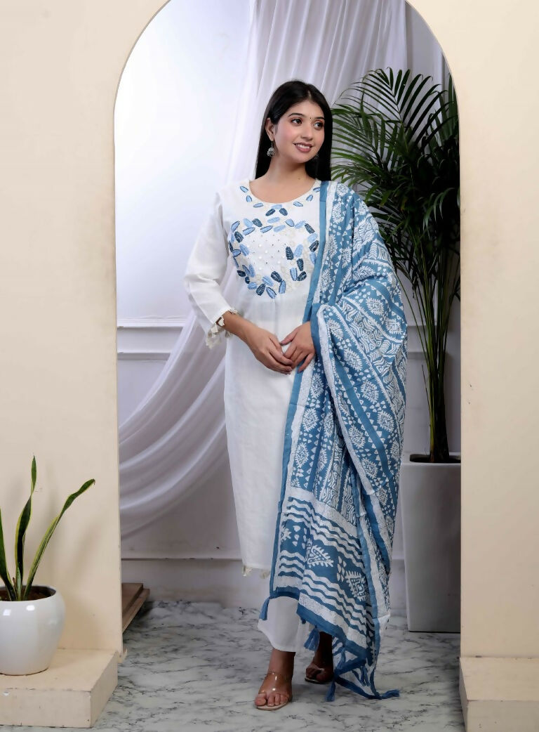Miravan Women's White Cotton Thread Work Embroidered And Mirror Work Straight Kurta Palazzo With Dupatta Set | Grocsy
