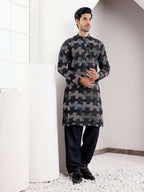 Black Linen Designer Embroidery Work Men's Rajwadi Kurta Set - Mahotsav | Grocsy