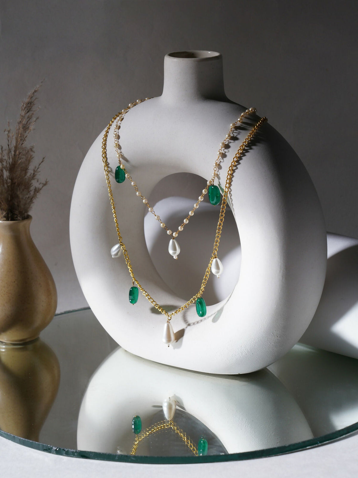 Layered Pearl and Gold Neckpiece with Emeralds (Gold) - Ruby Raang | Grocsy
