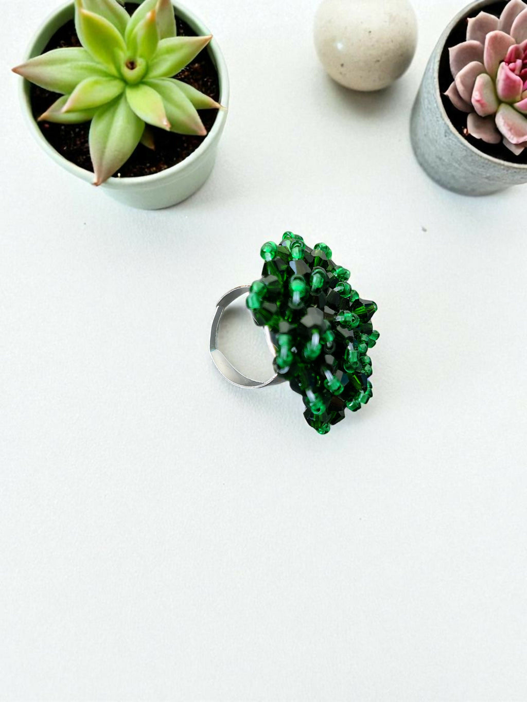 Inhanns Rang-E-Roshan Adjustable Ring – Handmade Crystal Statement Ring - Dark Green | Grocsy