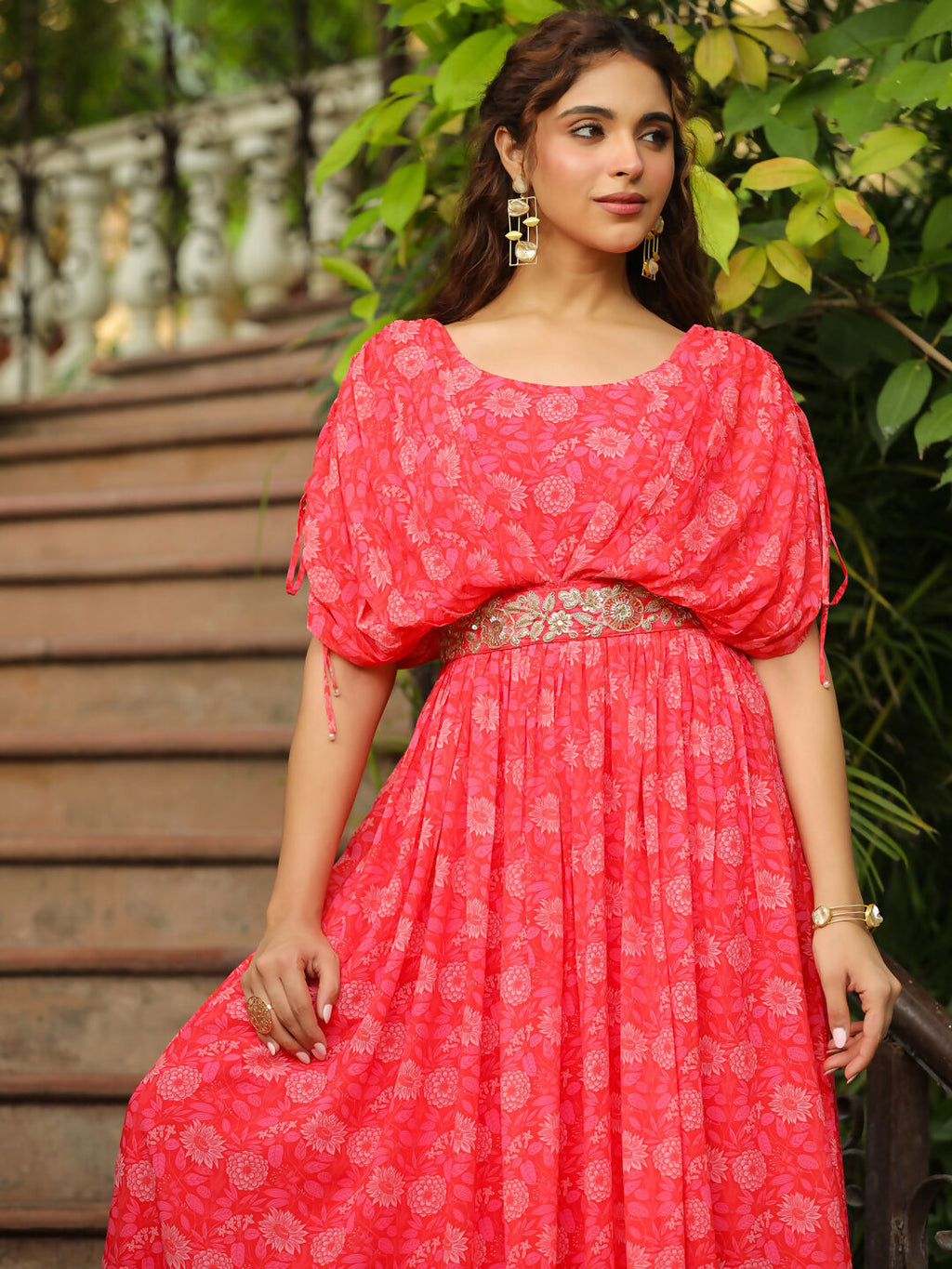 Janasya Pink Georgette Floral Gown | Grocsy