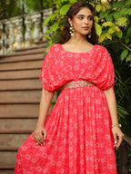 Janasya Pink Georgette Floral Gown | Grocsy