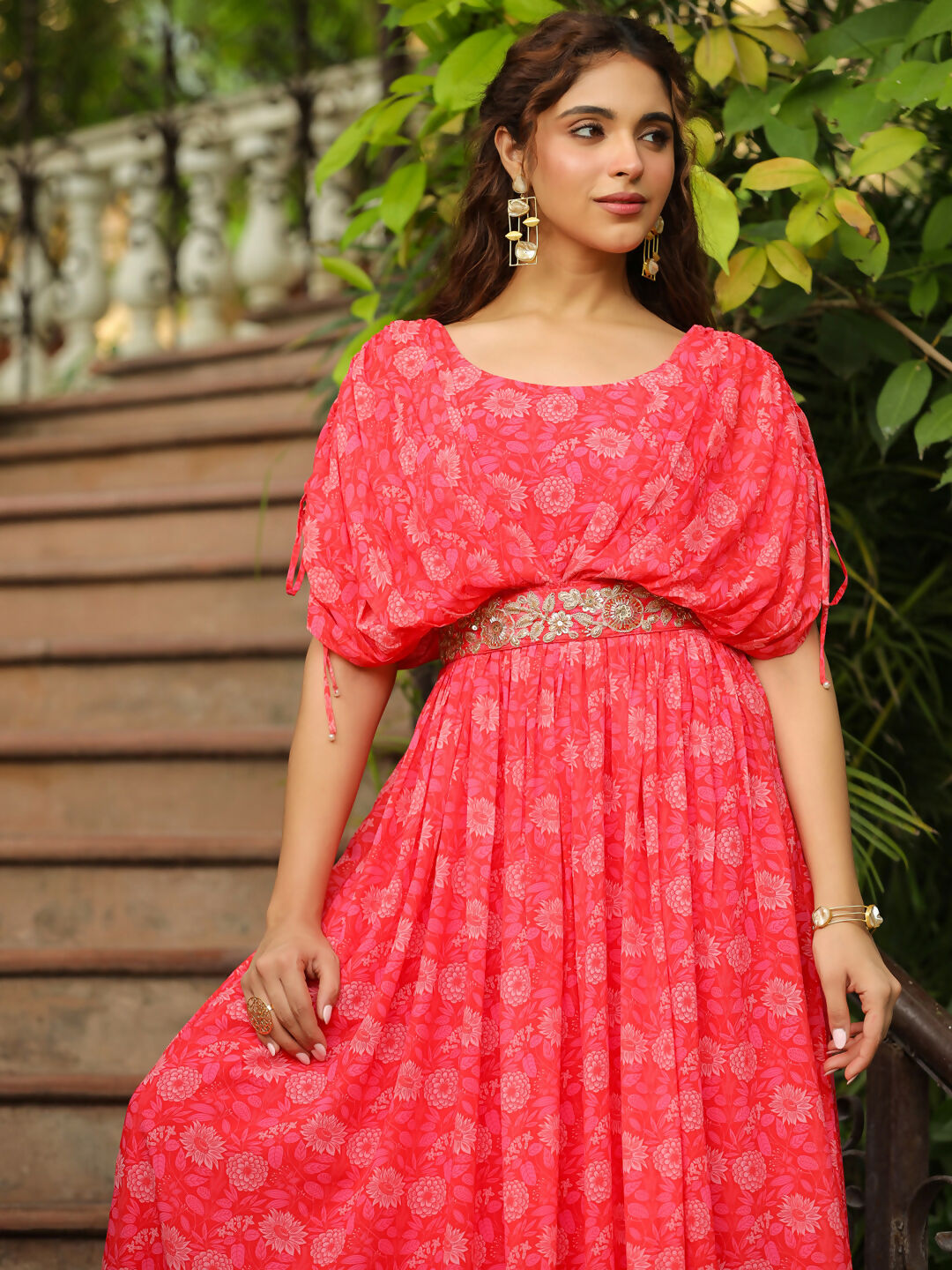 Janasya Pink Georgette Floral Gown | Grocsy