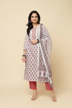Designer Stylish Red Cotton Blend Stitched Suit With Dupatta - Tanisha | Grocsy