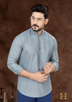 Joban Fashion Men's Pure Cotton Grey Plain Short Kurta | Grocsy