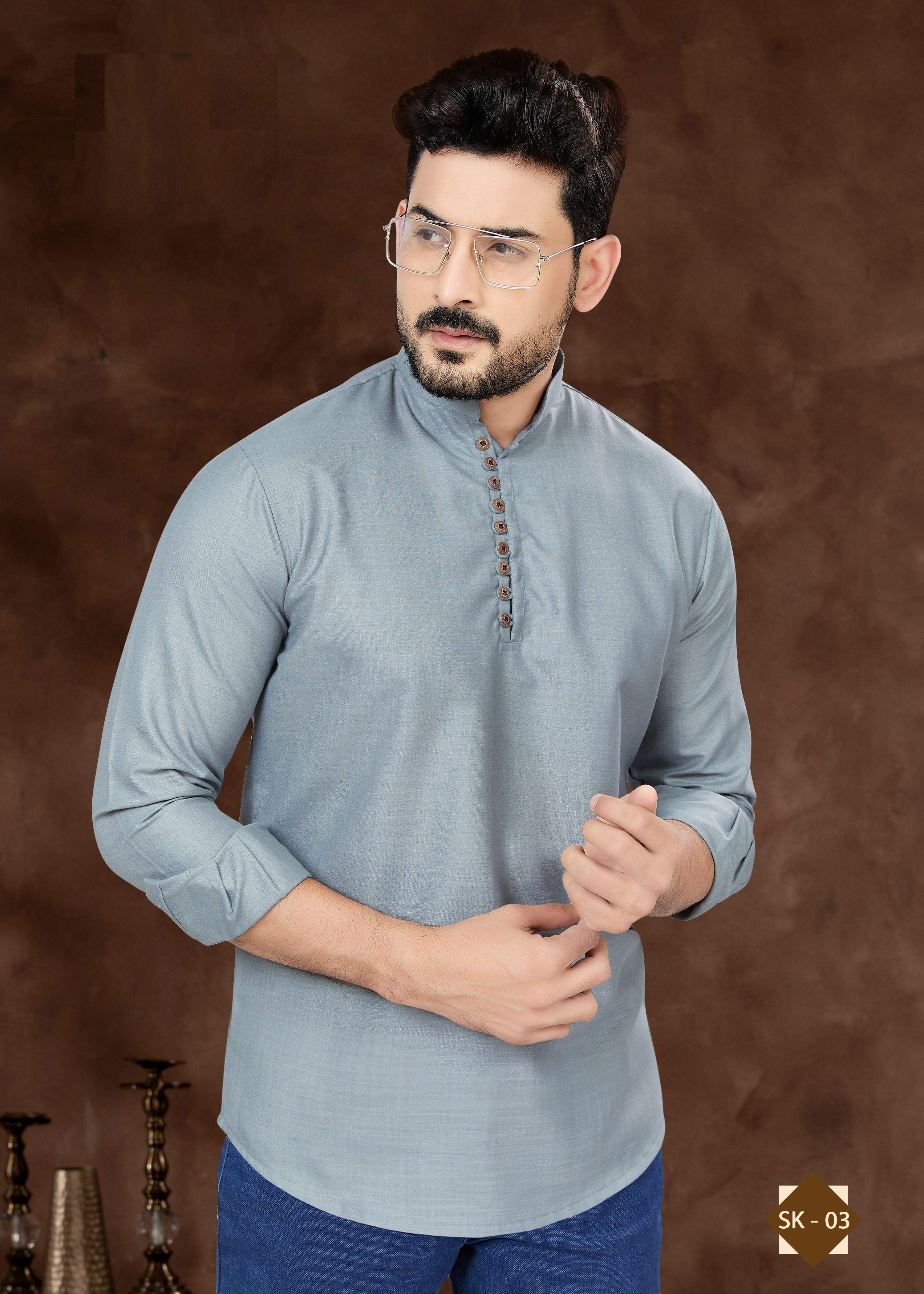 Joban Fashion Men's Pure Cotton Grey Plain Short Kurta | Grocsy