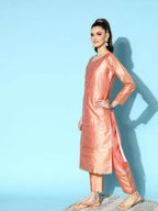 Ahalyaa Women's Peach Colour Poly Silk Printed Kurta Pant Set With Dupatta | Grocsy