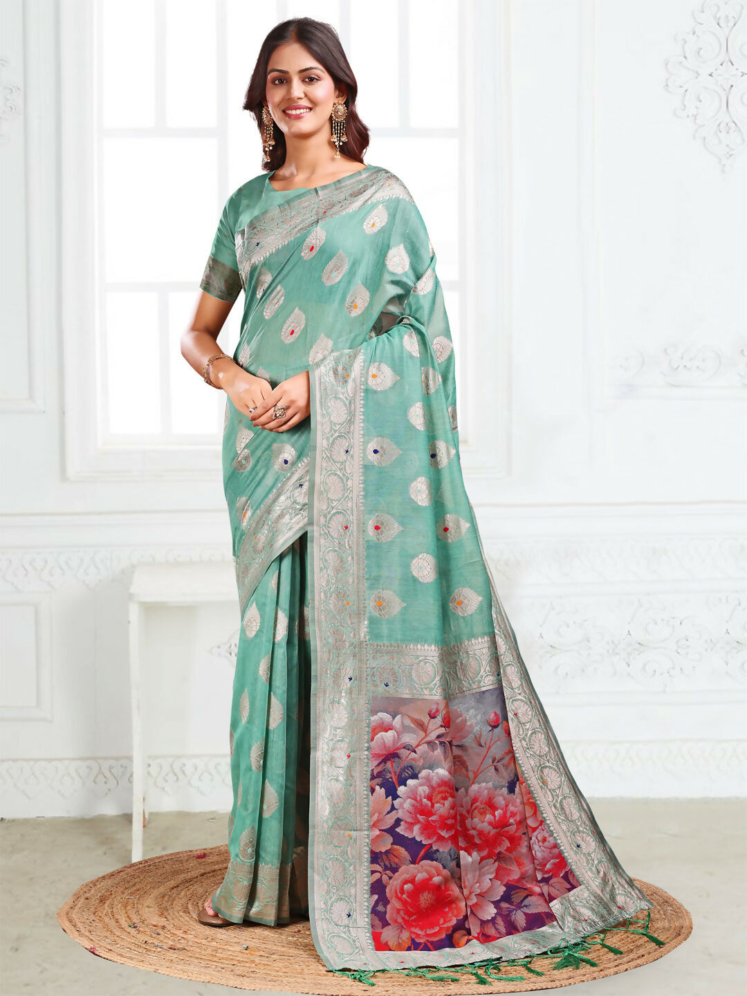 Shree Shyam Fashion Linen Cotton Rama Green Saree | Grocsy