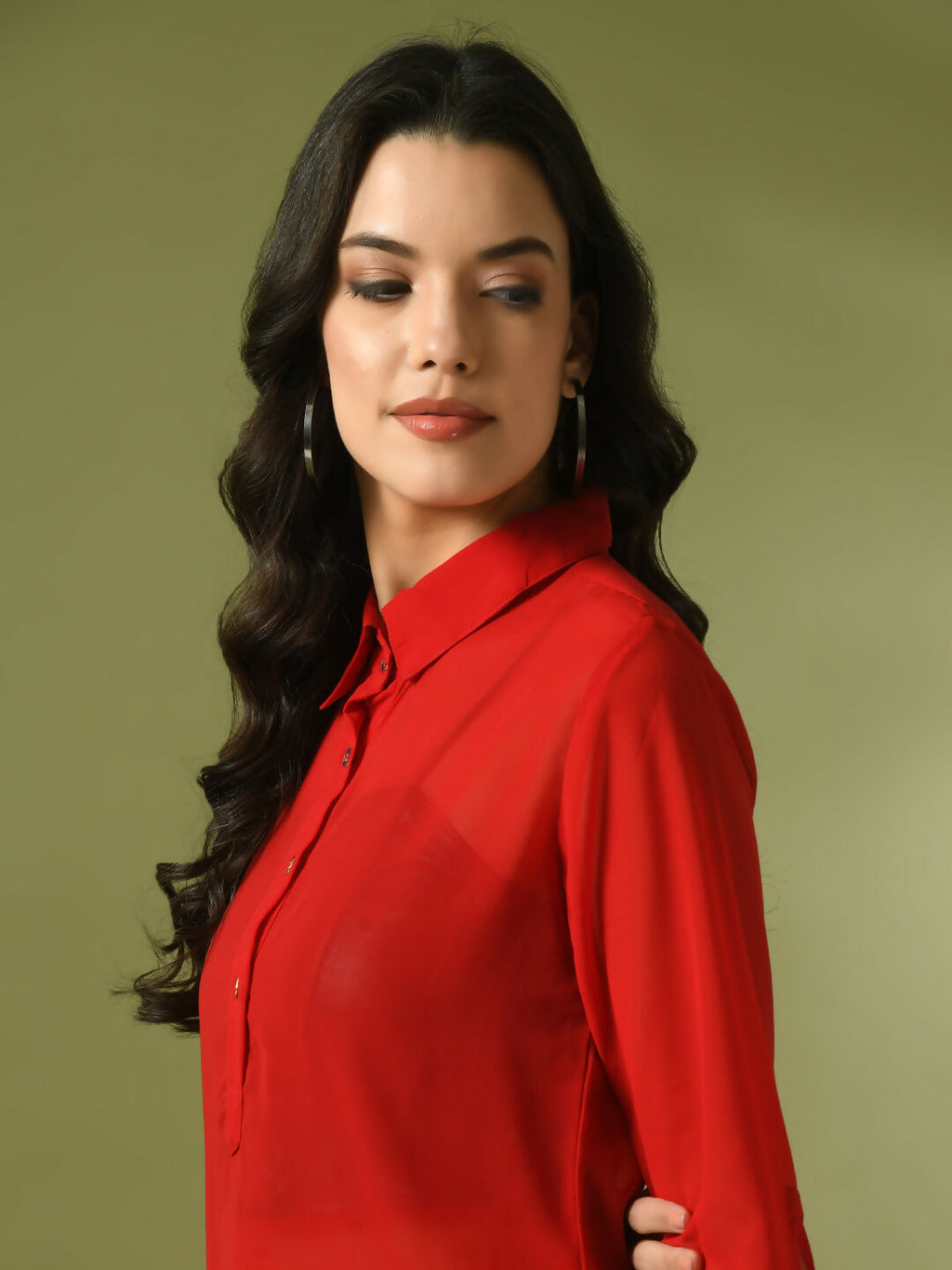 Myshka Women's Red Solid Georgette Longline Party Sheer Tunic | Grocsy