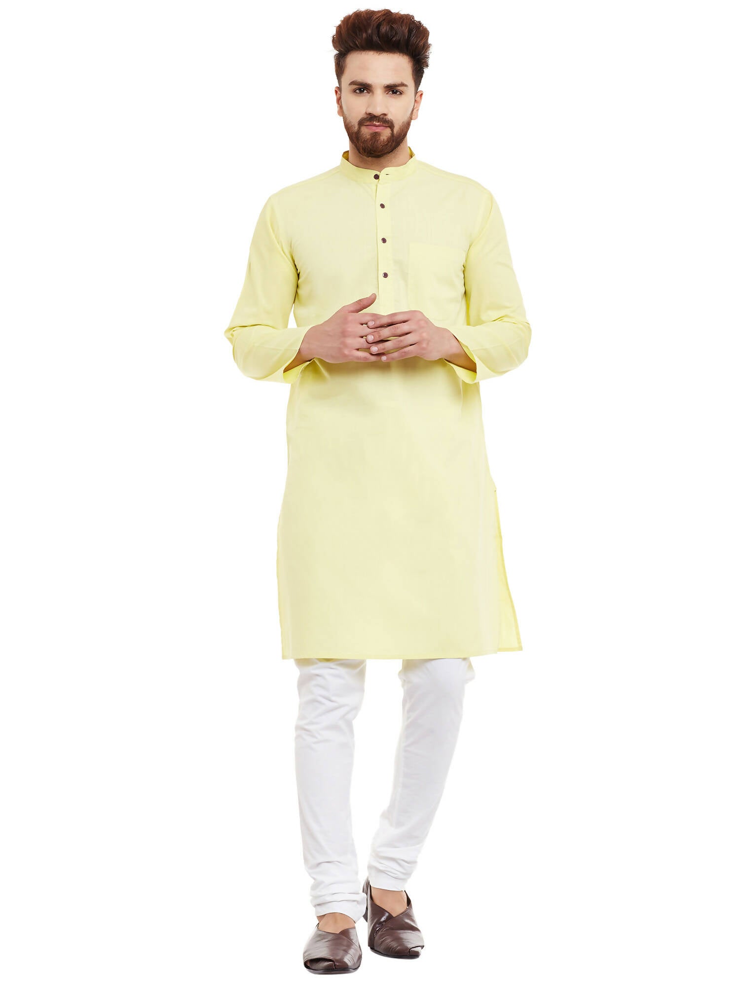 Even Apparels Yellow Pure Cotton Men's Kurta With Band Collar | Grocsy