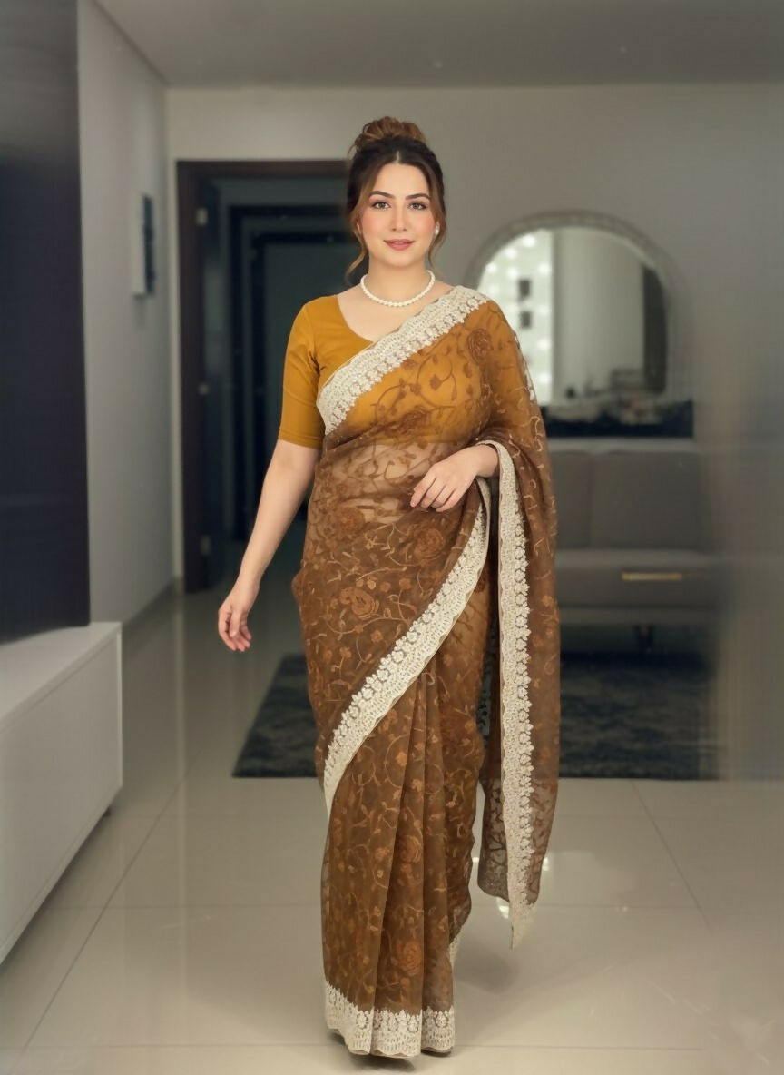 Teeya Creation New Latest Trendy Party Wear Two Tone Twill Net Saree-Gold | Grocsy