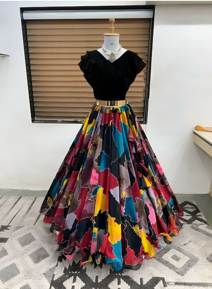 Dishitha Creation Printed Stitched Lehenga & Crop Top - Black & Black | Grocsy