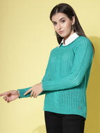Women Pointelle Green Acrylic Winter Sweater - Wool Trees | Grocsy