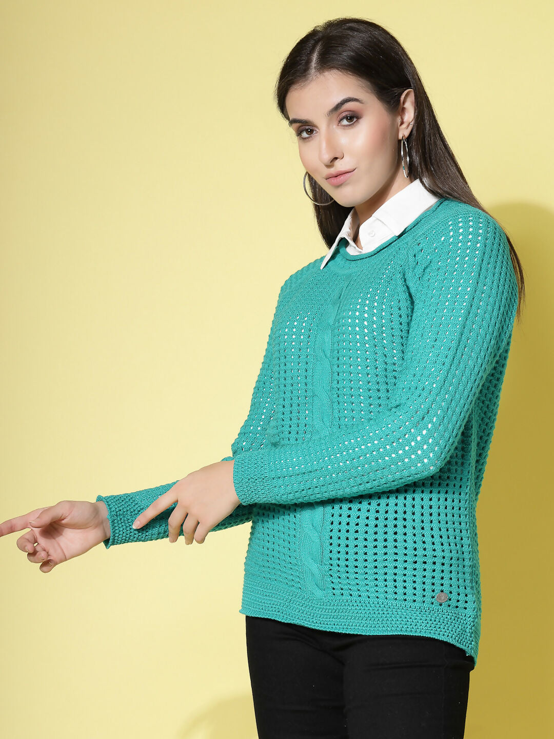 Women Pointelle Green Acrylic Winter Sweater - Wool Trees | Grocsy