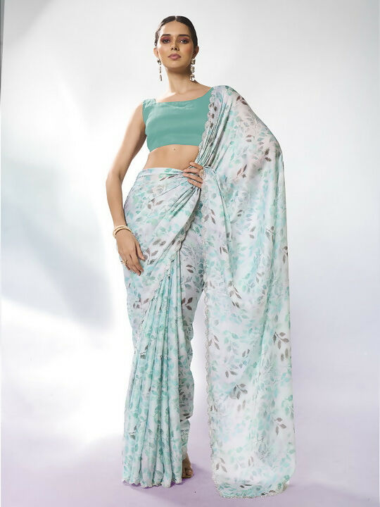 Sea Green Satin Georgette Designer Printed Saree - Shezlin | Grocsy