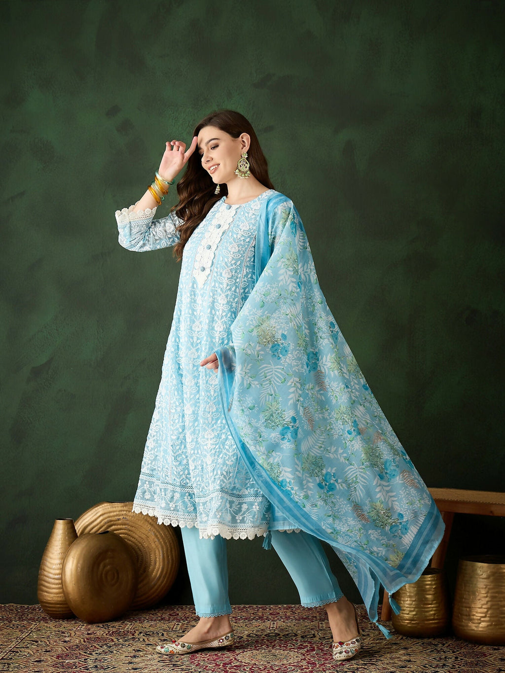 Blue Crystal Organza schiffli embroidery Kurta With Trouser & Dupatta - Bhumi | Grocsy