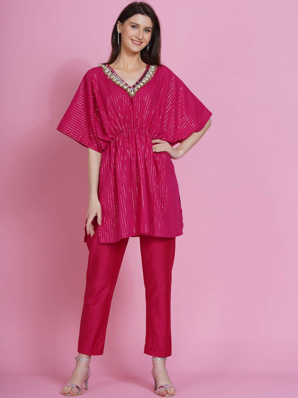 Women Republic Pink Lurex Cotton Kaftan Style Kurta With Pants | Grocsy