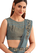 Blue Satin Embroidered Ready To Wear Saree With Unstitched Blouse Piece - Nandika | Grocsy