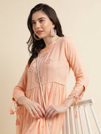 Peach Poly Cotton Yoke Embroidered A-line Top - Tarini | Grocsy