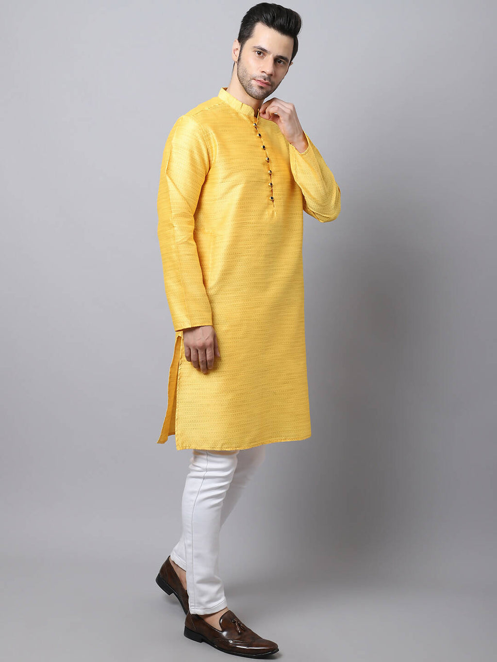 Even Apparels Yellow Pure Cotton Men's Kurta With Band Collar (SLK1187) | Grocsy