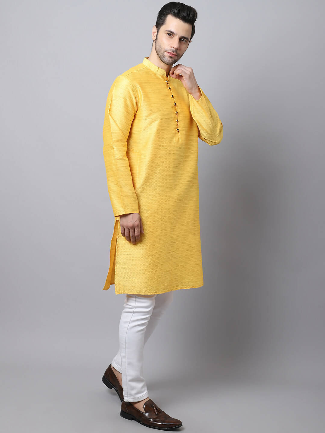 Even Apparels Yellow Pure Cotton Men's Kurta With Band Collar (SLK1187) | Grocsy