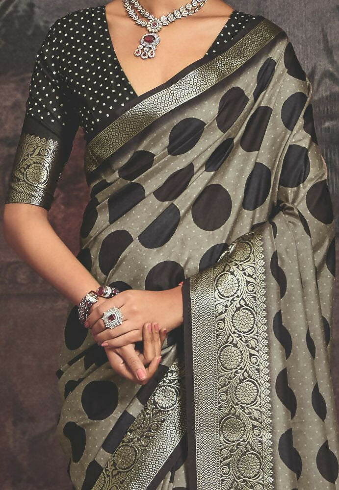 Joban Fashion Dark Grey Dola Tussar Silk Self Jacquard Border Saree | Grocsy